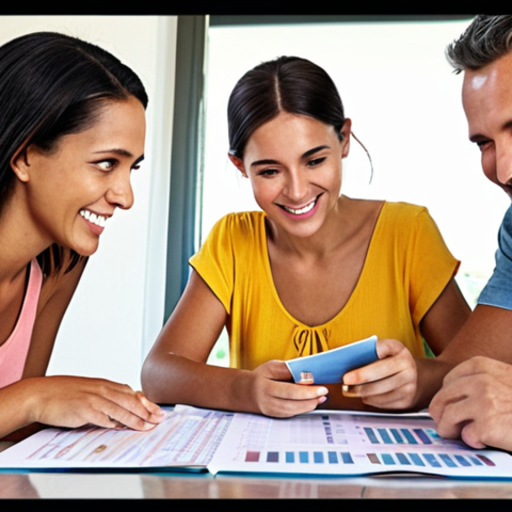 ** A family sitting around a table, planning their finances together. Include elements like a budget spreadsheet, a travel brochure showcasing a family vacation, and smiling faces to represent financial planning bringing happiness and family bonding.

**