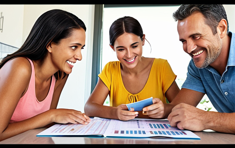 ** A family sitting around a table, planning their finances together. Include elements like a budget spreadsheet, a travel brochure showcasing a family vacation, and smiling faces to represent financial planning bringing happiness and family bonding.

**
