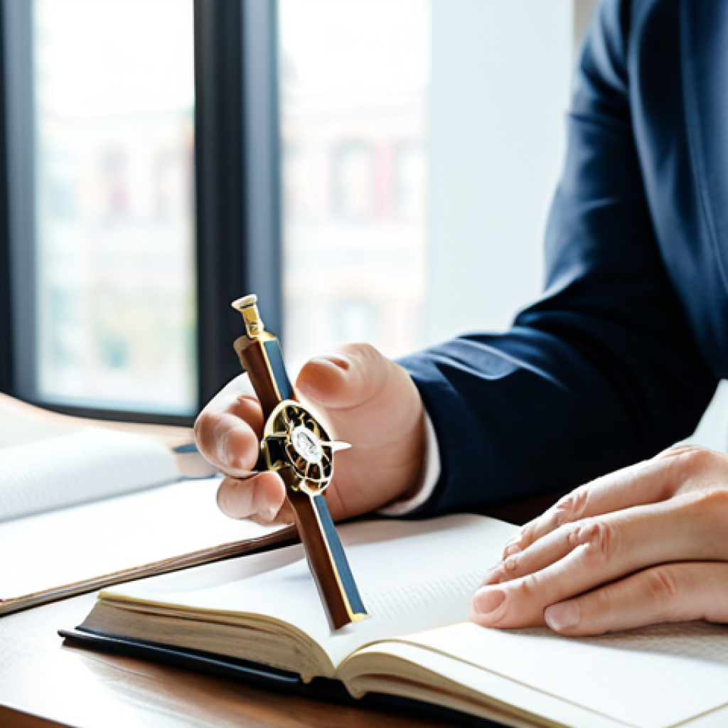 A contemplative professional individual in a modest business casual outfit, sitting at a clean, modern desk, gently holding a small, antique-style compass. The individual is looking thoughtfully at a closed journal next to them. The background is a minimalist, bright study with soft, natural light filtering through a large window, creating a serene and introspective atmosphere. fully clothed, appropriate attire, safe for work, professional, perfect anatomy, correct proportions, natural pose, well-formed hands, proper finger count, natural body proportions, high-quality photography, soft focus on background, sharp detail on subject.