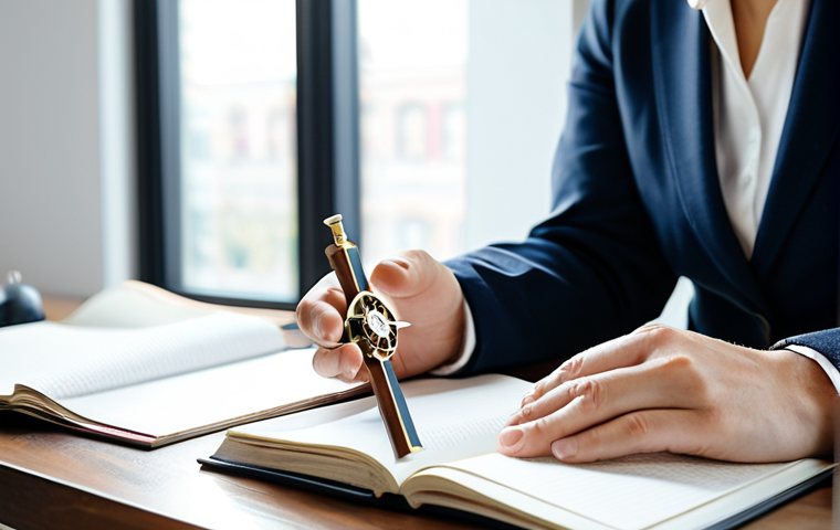 A contemplative professional individual in a modest business casual outfit, sitting at a clean, modern desk, gently holding a small, antique-style compass. The individual is looking thoughtfully at a closed journal next to them. The background is a minimalist, bright study with soft, natural light filtering through a large window, creating a serene and introspective atmosphere. fully clothed, appropriate attire, safe for work, professional, perfect anatomy, correct proportions, natural pose, well-formed hands, proper finger count, natural body proportions, high-quality photography, soft focus on background, sharp detail on subject.