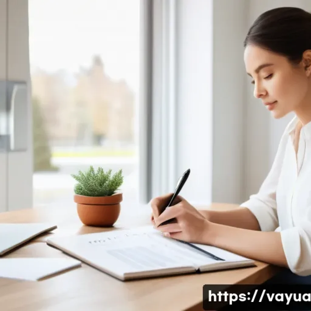 재정 목표와 개인 가치의 조화 - A thoughtful woman in her late 20s or early 30s is sitting at a minimalist wooden desk in a bright, ...