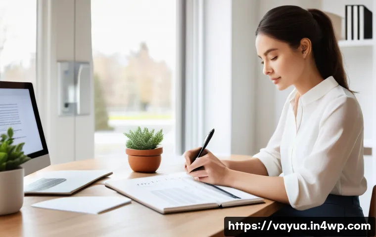 재정 목표와 개인 가치의 조화 - A thoughtful woman in her late 20s or early 30s is sitting at a minimalist wooden desk in a bright, ...