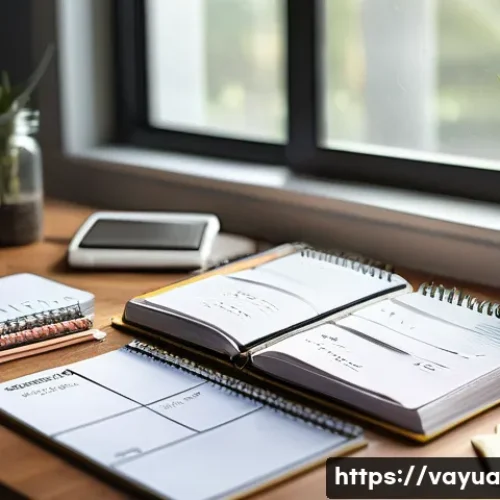 가치 기반 재정계획의 실행을 위한 목표 설정 - A serene and inspiring home office scene featuring a vision board filled with colorful images and ha...